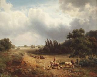 Heinrich Hofer - A wooded landscape with a shepherdess and her cattle