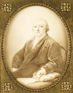 Heinrich Jakob Aldenrath - A gentleman, seated, gesturing to an open book beside him; facing left in white shirt with ruffled cuffs, cravat, long coat
