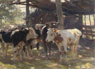 Heinrich Johann von Zugel - Cattle in front of a stable