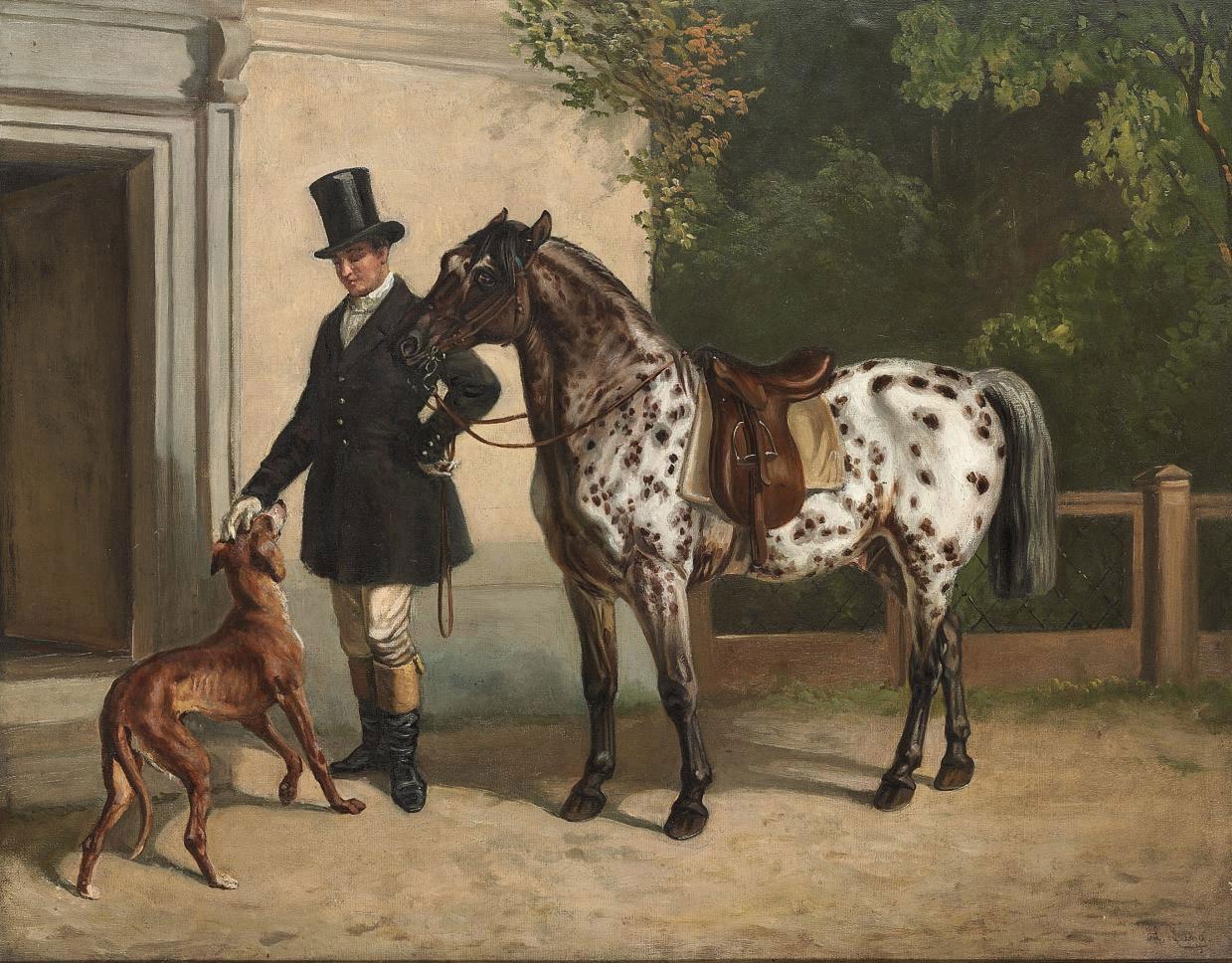 Heinrich Lang - A huntsman with his dog and a piebald pony