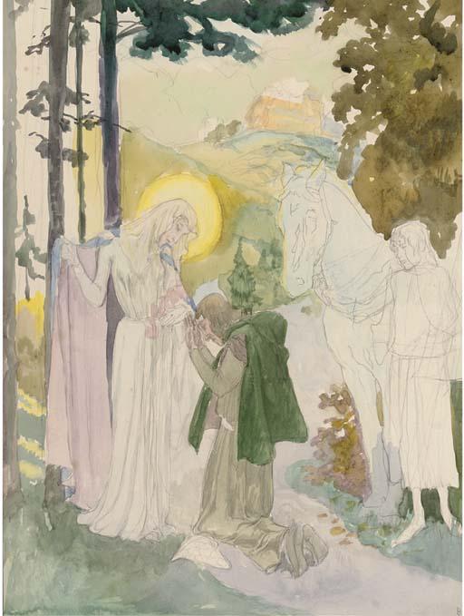 Heinrich Lefler - Elisabeth And Tannhaüser In Front of The Wartburg (Recto); Decorative Sketch (Verso)