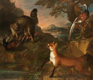 Heinrich Lihl - A wild cat with a pheasant and a fox in a landscape