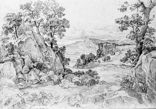 Heinrich Reinhold - A rocky wooded landscape near Olevano
