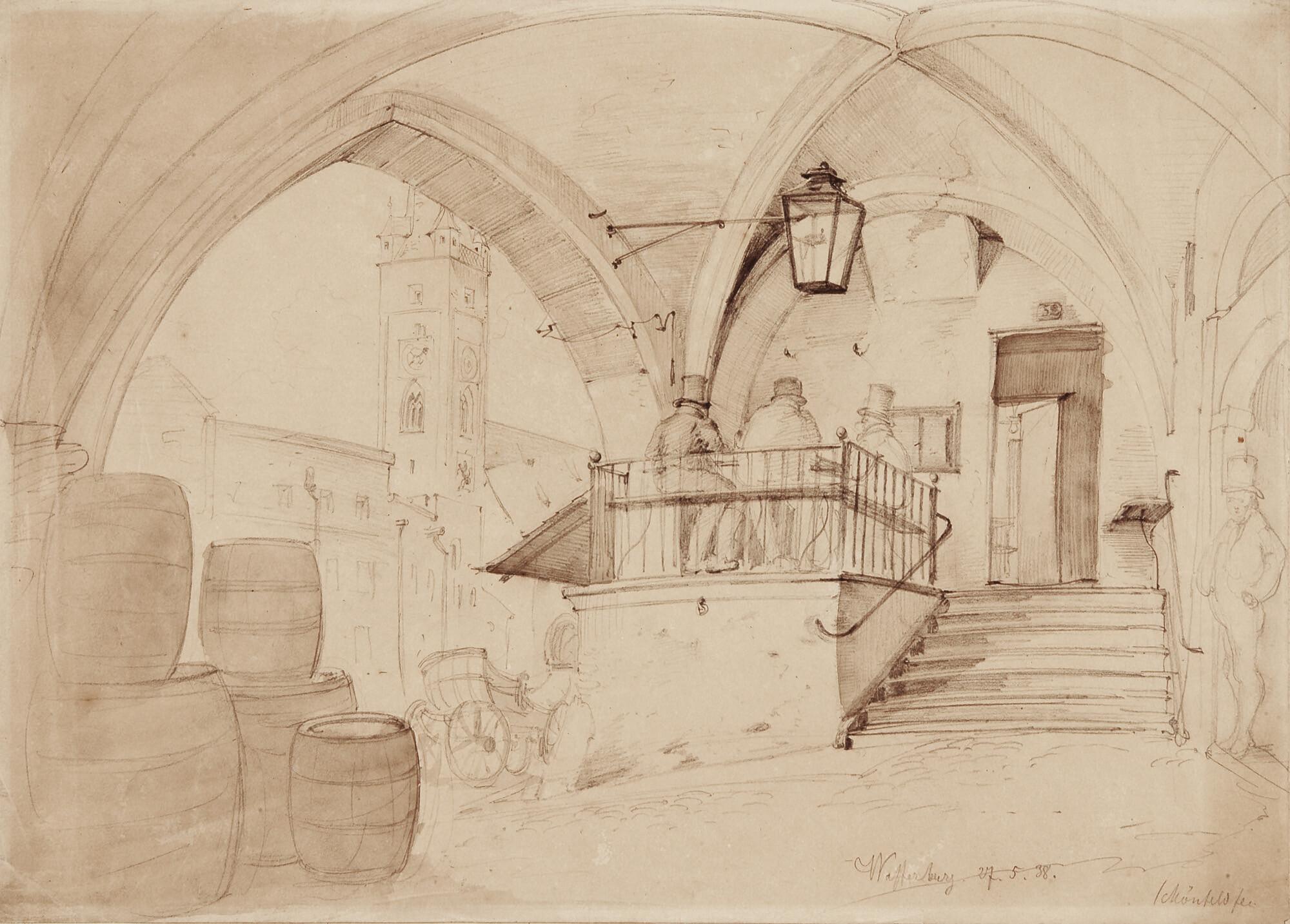 Heinrich Schönfeld - Blick aus den Arkaden auf den Marktplatz in Wasserburg.