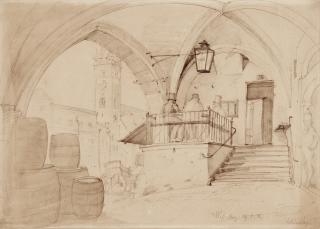 Heinrich Schönfeld - Blick aus den Arkaden auf den Marktplatz in Wasserburg.