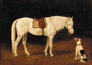 Heinrich Sperling - A saddled grey hunter with a dog in a yard