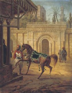 Heinrich Von Mayr - An Arabian mare and a groom in a courtyard