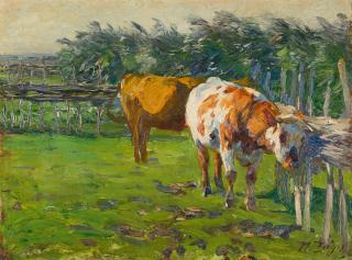 Heinrich von Zügel - Junger Stier reibt Schädel am Zaun.