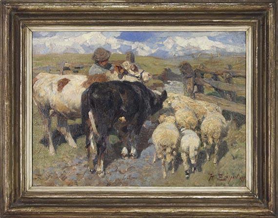 Heinrich von Zügel - Kühe und Schafe am Gatter