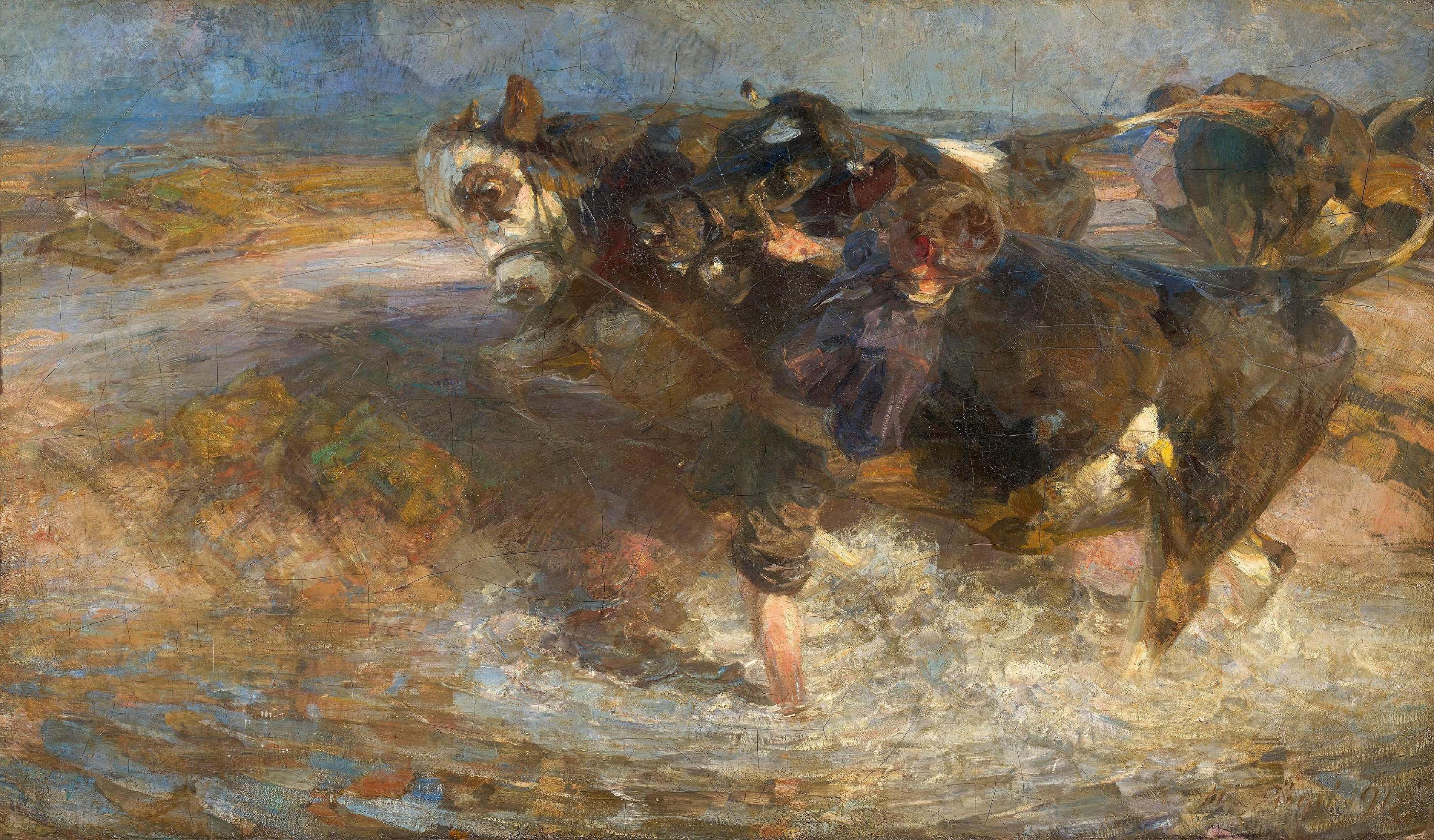 Heinrich Von Zügel - Ochsen mit Treiber in der Furt.