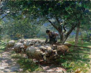 Heinrich von Zügel - Schäfer im sonnigen Obstgarten.