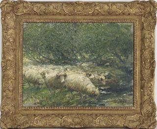 Heinrich von Zügel - Schafherde am Bach im Baumschatten