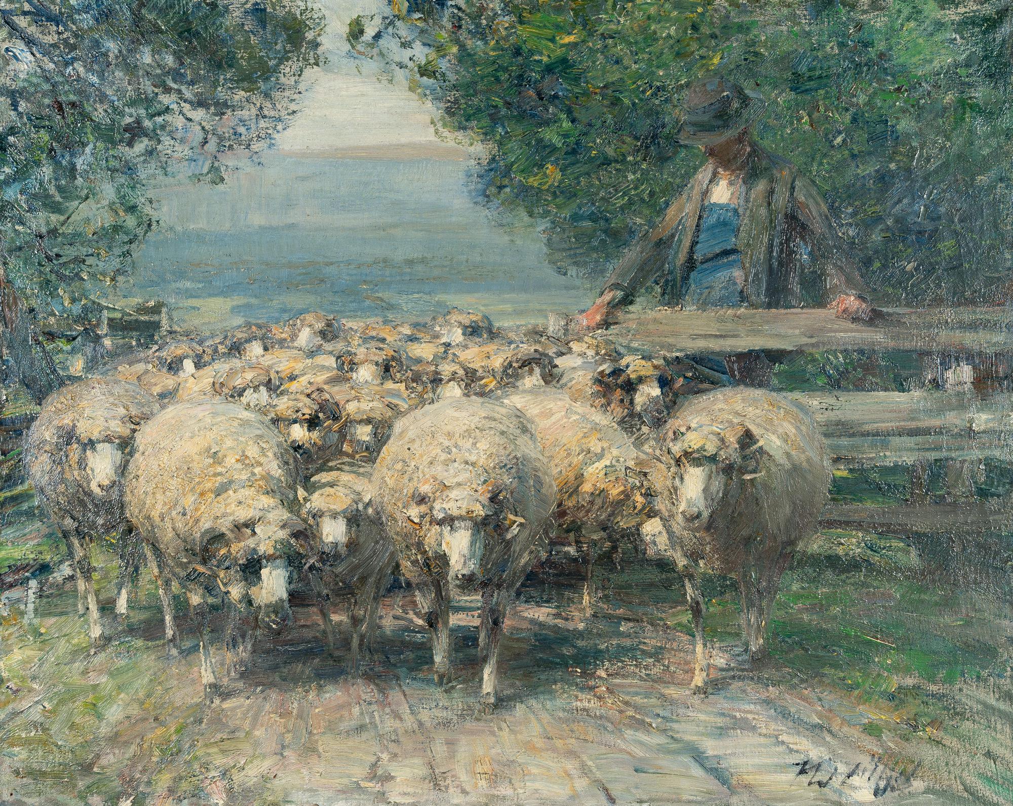 Heinrich von Zügel - Schafhirte am Weidezaun, die Herde herauslassend