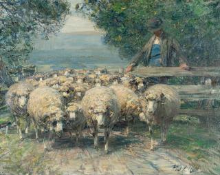 Heinrich von Zügel - Schafhirte am Weidezaun, die Herde herauslassend
