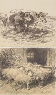 Heinrich von Zügel - Zwei Kohlezeichnungen: Ochsengespann / Schafe vor der Stalltür.