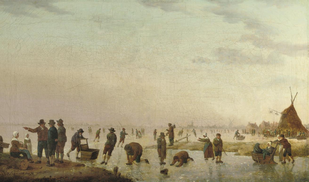 Heinrich Wilhelm Schweickardt - A winter landscape with figures skating and sleighing