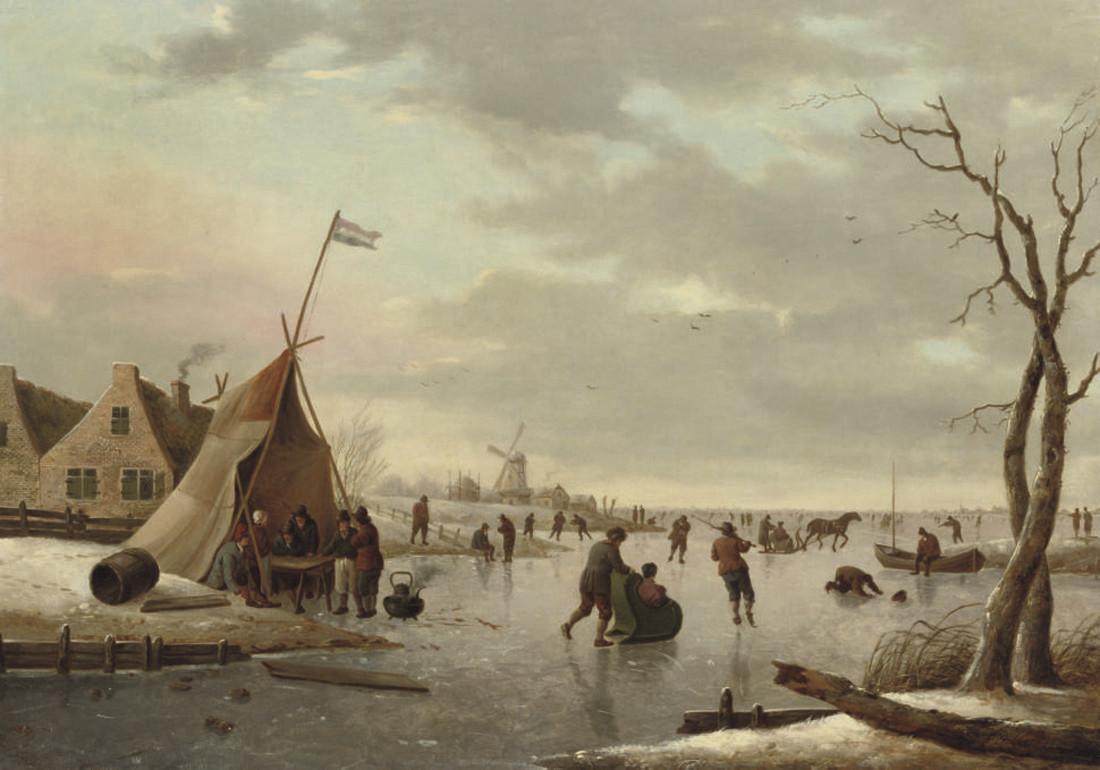 Heinrich Wilhelm Schweickardt - A winter landscape with figures skating on a frozen lake