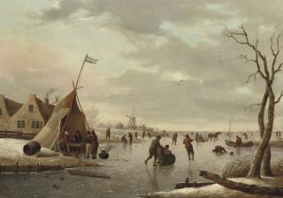 Heinrich Wilhelm Schweickardt - A winter landscape with figures skating on a frozen lake