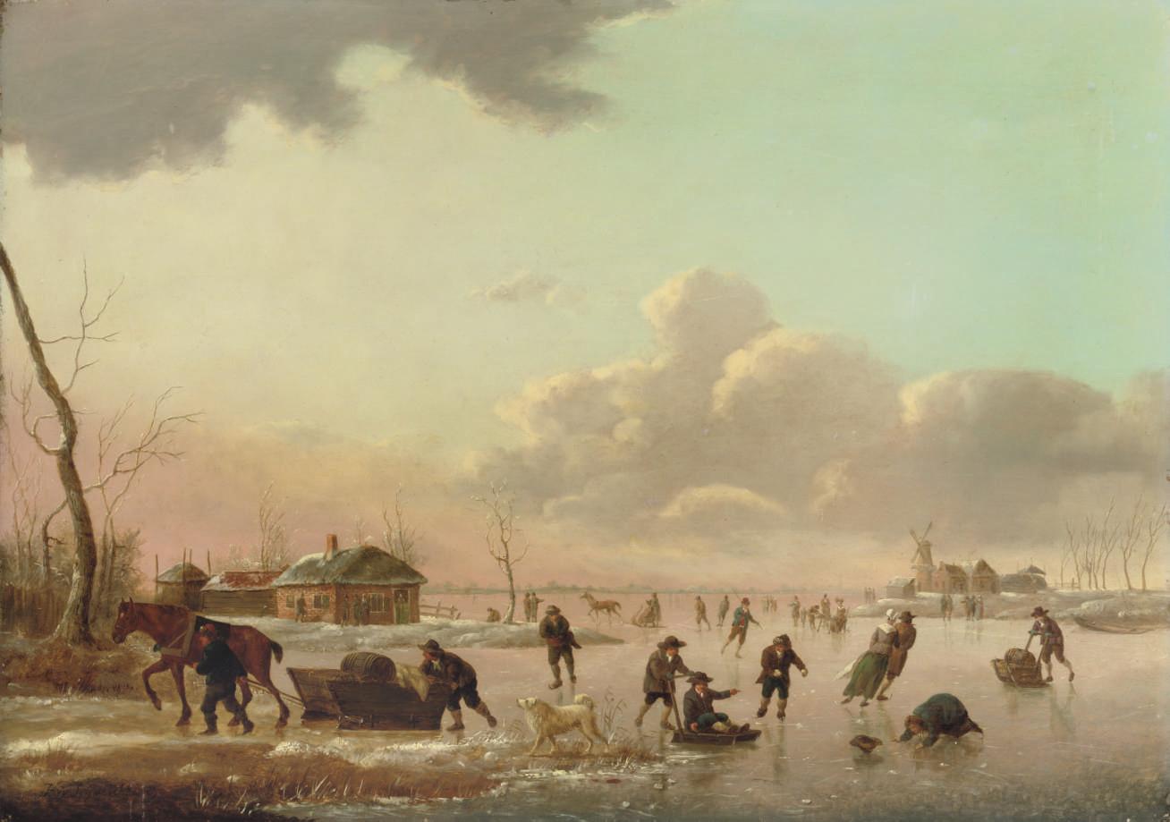 Heinrich Wilhelm Schweickardt - A winter landscape with figures skating on a frozen river
