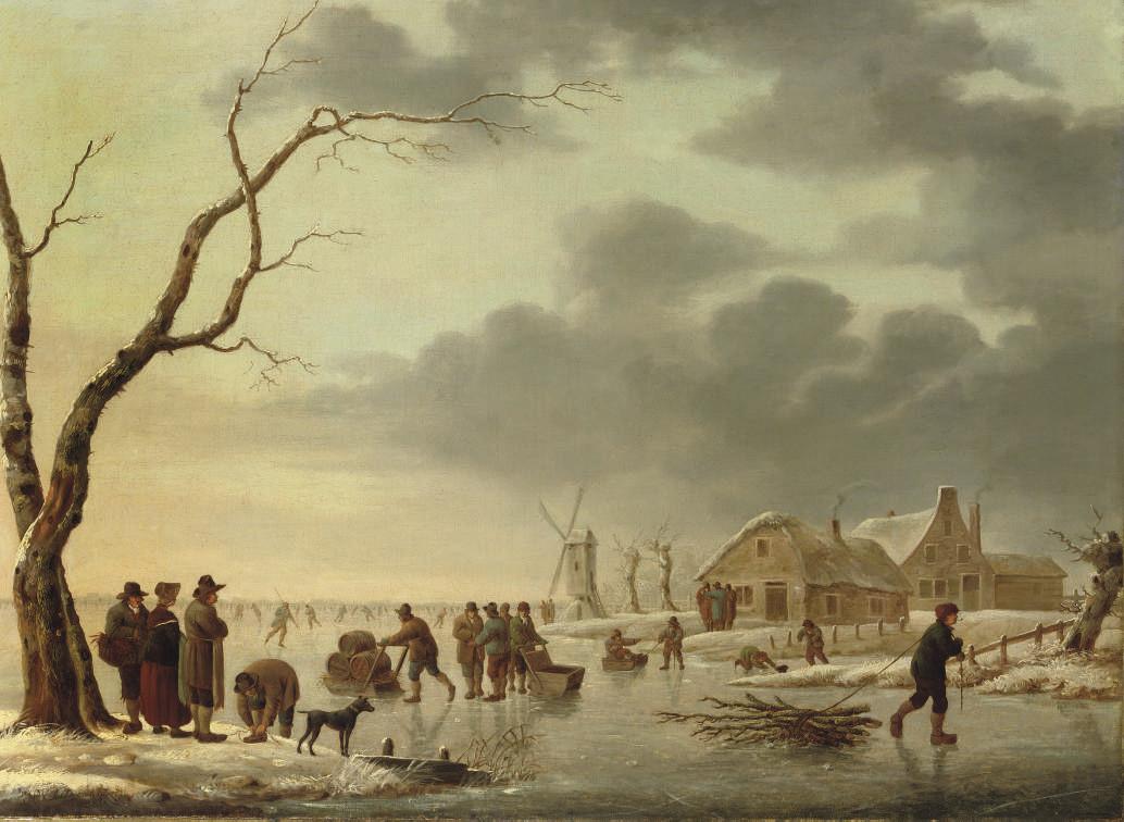 Heinrich Wilhelm Schweickardt - A winter landscape with peasants skating on a frozen river, a village and a windmill beyond