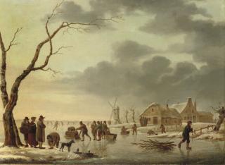 Heinrich Wilhelm Schweickardt - A winter landscape with peasants skating on a frozen river, a village and a windmill beyond