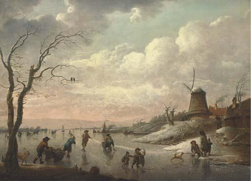 Heinrich Wilhelm Schweickardt - A winter landscape with peasants skating on a frozen river by a village with a windmill