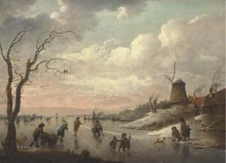 Heinrich Wilhelm Schweickardt - A winter landscape with peasants skating on a frozen river by a village with a windmill