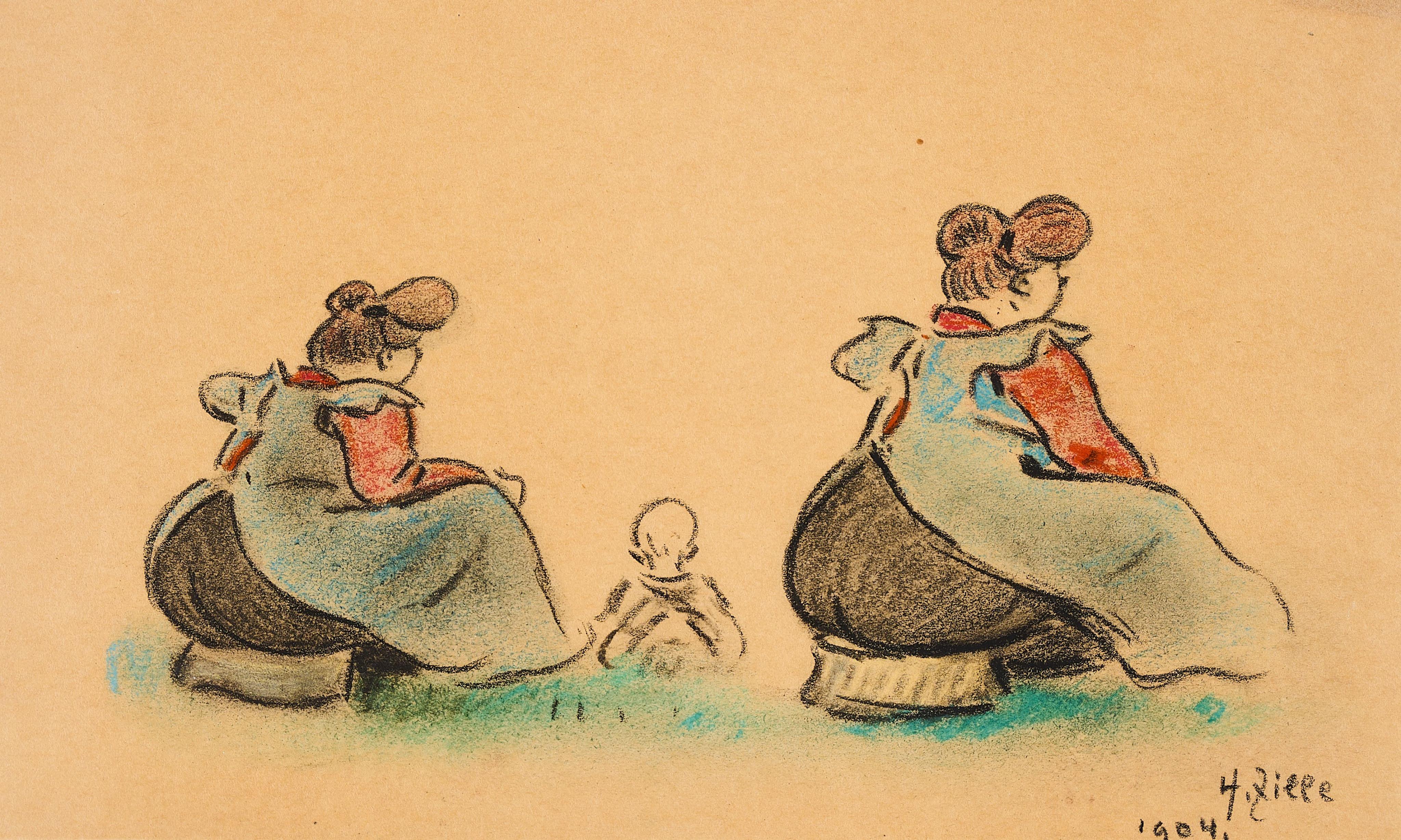 Heinrich Zille - Ohne Titel (Zwei Frauen mit Kind im Gras).