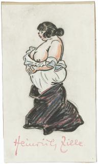 Heinriche Zille - Stehende Frau mit entblößtem Busen und herabfallendem Kleid und Unterkleid