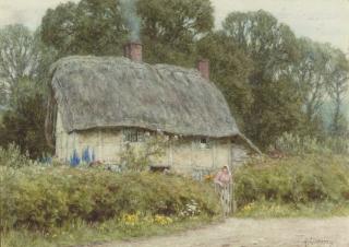 Helen Allingham, R.W.S. - A young girl outside a cottage in Hagbourne, Berkshire