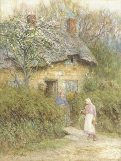 Helen Allingham, R.W.S. - Women at a cottage gate, Moon\'s Hill, Bedbury Lane, near Freshwater, Isle of Wight