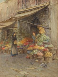 Helen Allingham, RWS - \'A fruit stall near the Rialto,, Venice\'