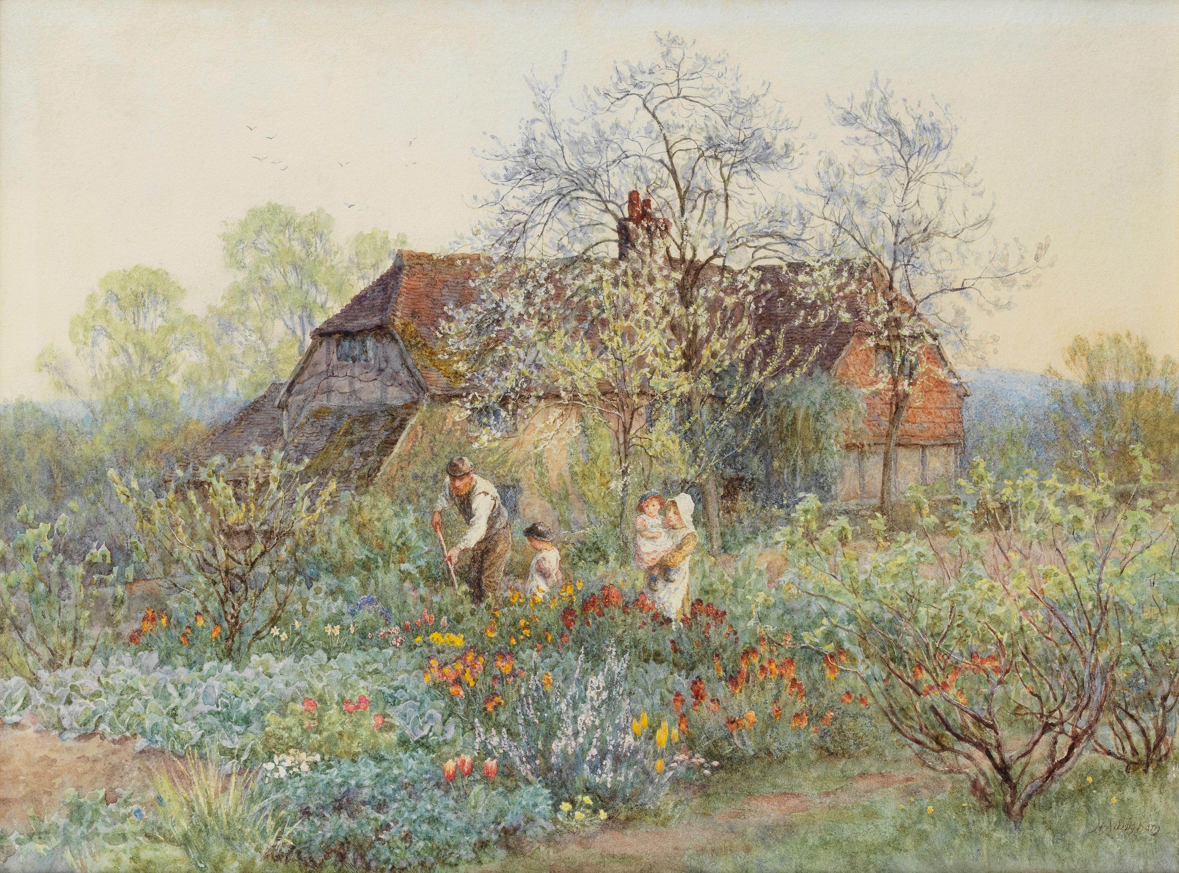 Helen Allingham, RWS - A gardener in a cottage garden