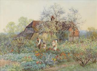 Helen Allingham, RWS - A gardener in a cottage garden