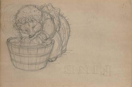Helen Beatrix Potter - A Preliminary Sketch For The Title Page of \'The Tale of Mrs Tiggy-Winkle\', 1905:  Mrs. Tiggy-Winkle At Her Washtub