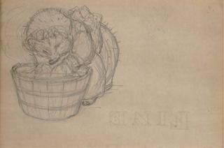Helen Beatrix Potter - A Preliminary Sketch For The Title Page of \'The Tale of Mrs Tiggy-Winkle\', 1905:  Mrs. Tiggy-Winkle At Her Washtub