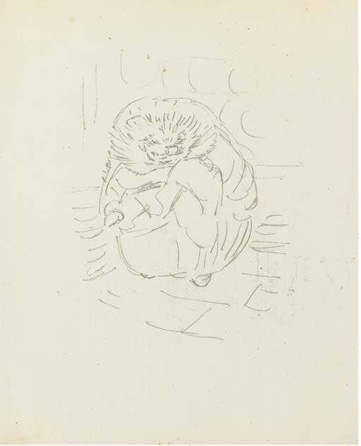 Helen Beatrix Potter - A Preparatory Sketch For The Tale of Mrs. Tiggy-Winkle:  Mrs. Tiggy-Winkle Taking Something Out of A Clothes-Basket