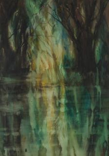 Helen Bradley - The Mountains and Trees Float on the Water of the Lake