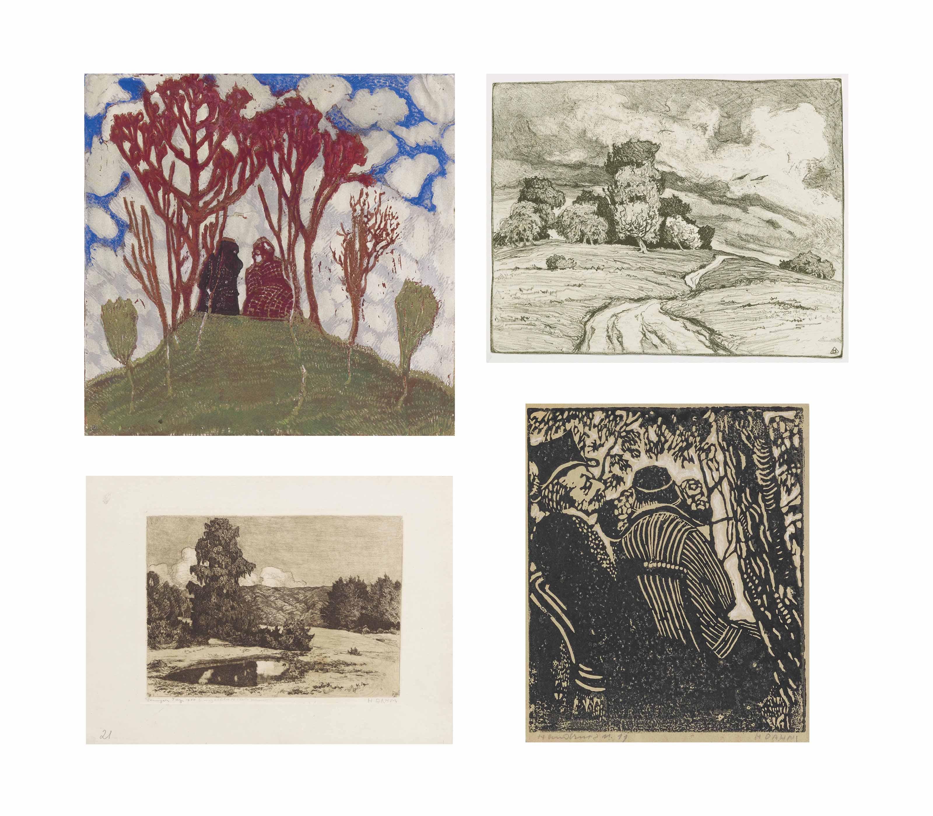 Helen Dahm - Sammelnummer von vier Werken: Landschaft mit zwei Figuren  Landschaft  Sonniger Tag, 1900  Sitzendes Paar unter Bäumen, 1911