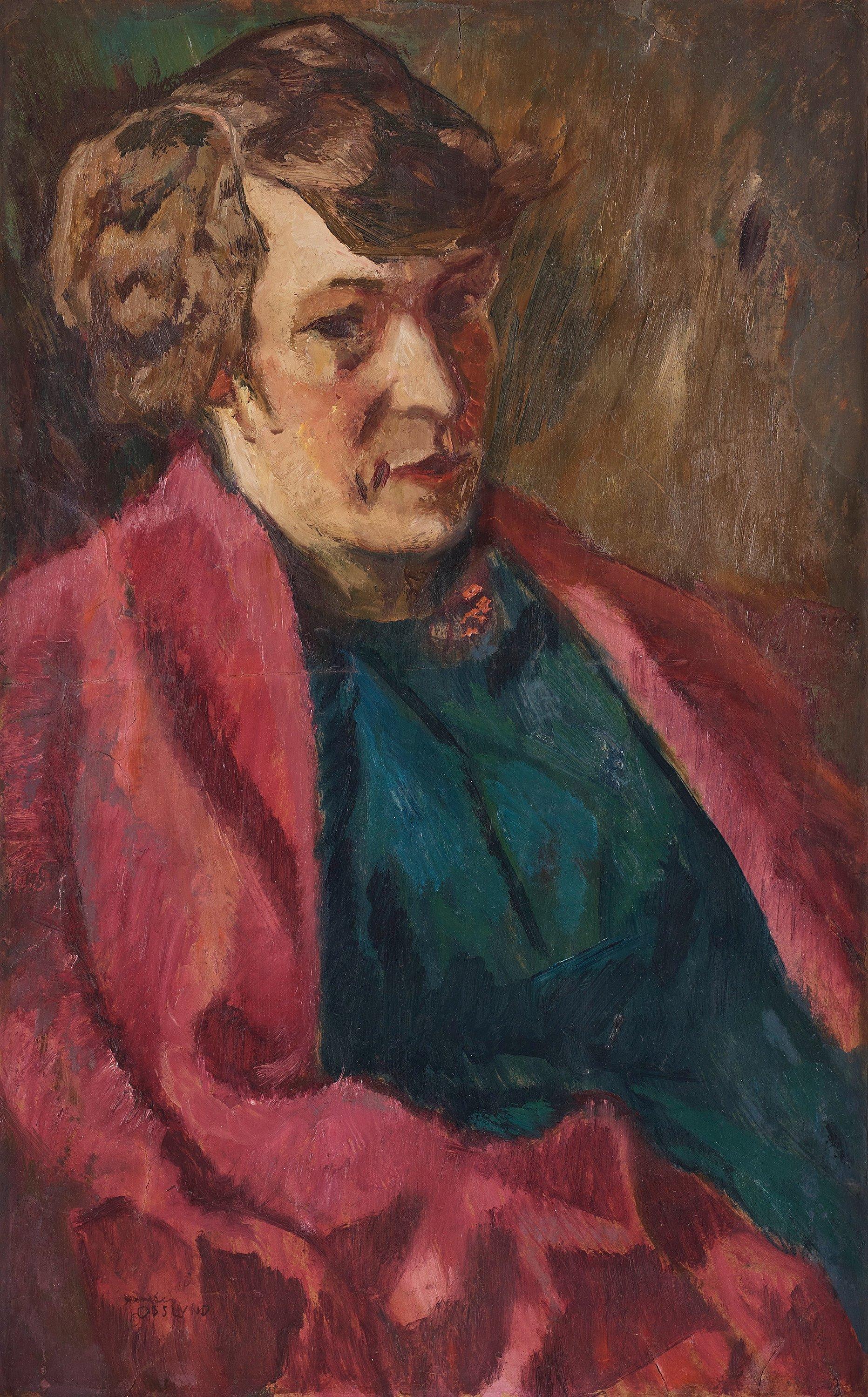 Helmer Osslund - Female portrait against a red background