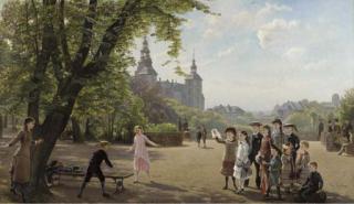 Helmuth-Emanuel-Edwin-Bernhard Dirckinck-Holmfeld - Ludvig Dahl\'s Children playing in Kongens Have Park with King Christian IV\'s Summer Residence Rosenborg Slot beyond, Copenhagen