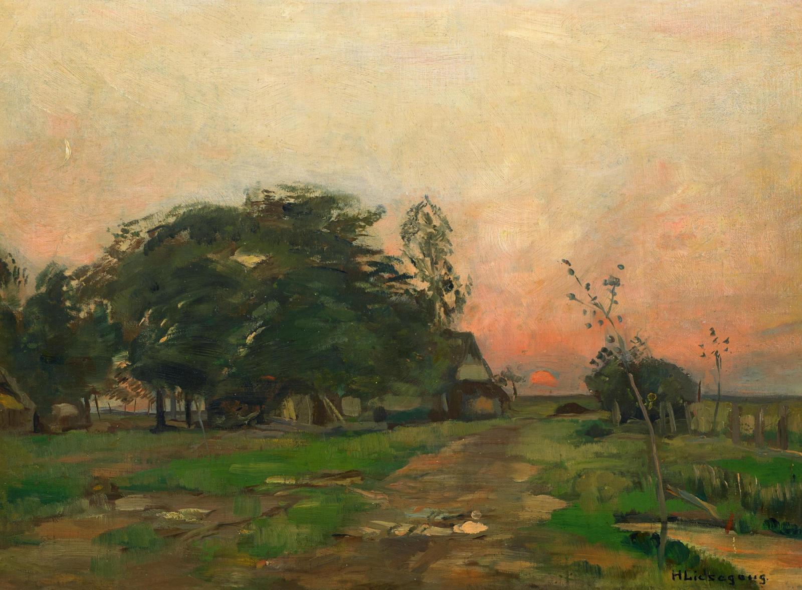 Helmuth Liesegang - Blick auf ein Gehöft bei Sonnenaufgang.
