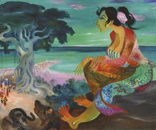 Hendra Gunawan - A Lady Overlooking a Procession by the Beach