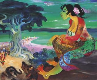 Hendra Gunawan - A Lady Overlooking A Procession By The Beach