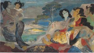 Hendra Gunawan - Women overlooking a cliff with a view of the sea