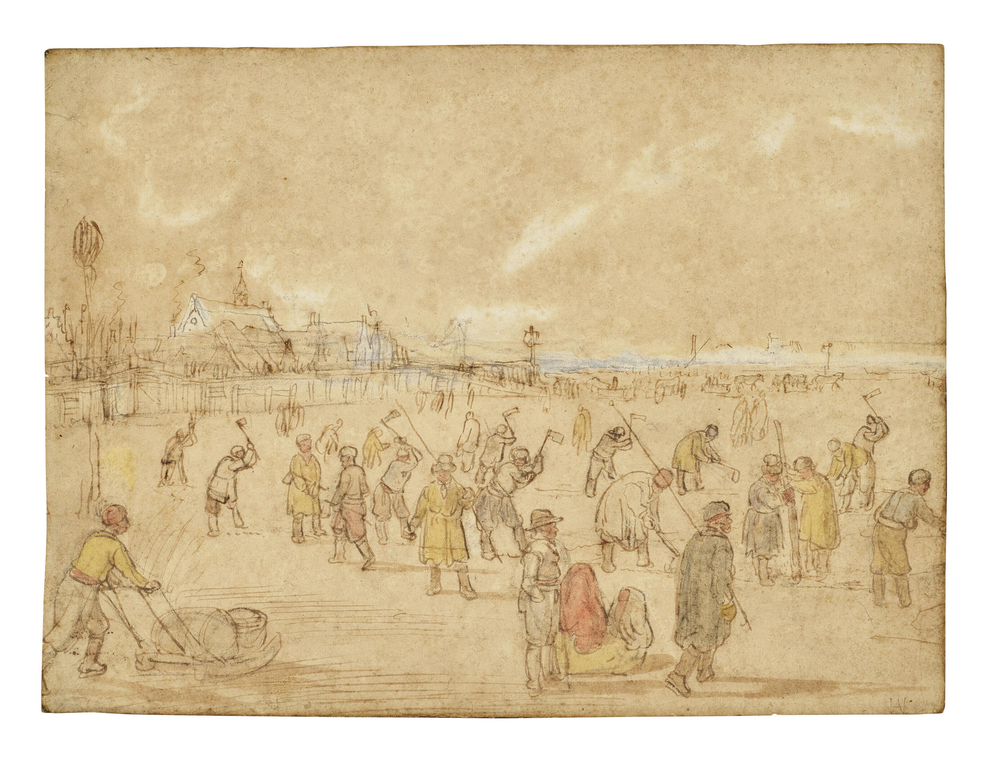 Hendrick Avercamp - A frozen winter landscape with figures digging holes in the ice