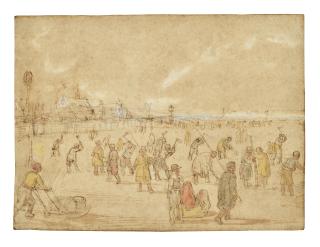 Hendrick Avercamp - A frozen winter landscape with figures digging holes in the ice