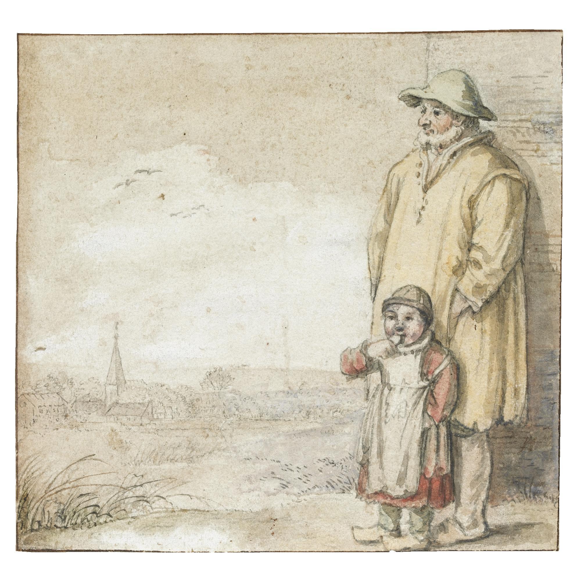 Hendrick Avercamp - A Man And An Eating Child In A Landscape, A Village To The Left