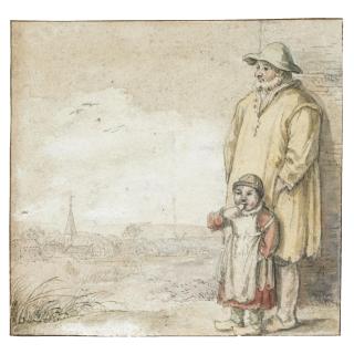 Hendrick Avercamp - A Man And An Eating Child In A Landscape, A Village To The Left