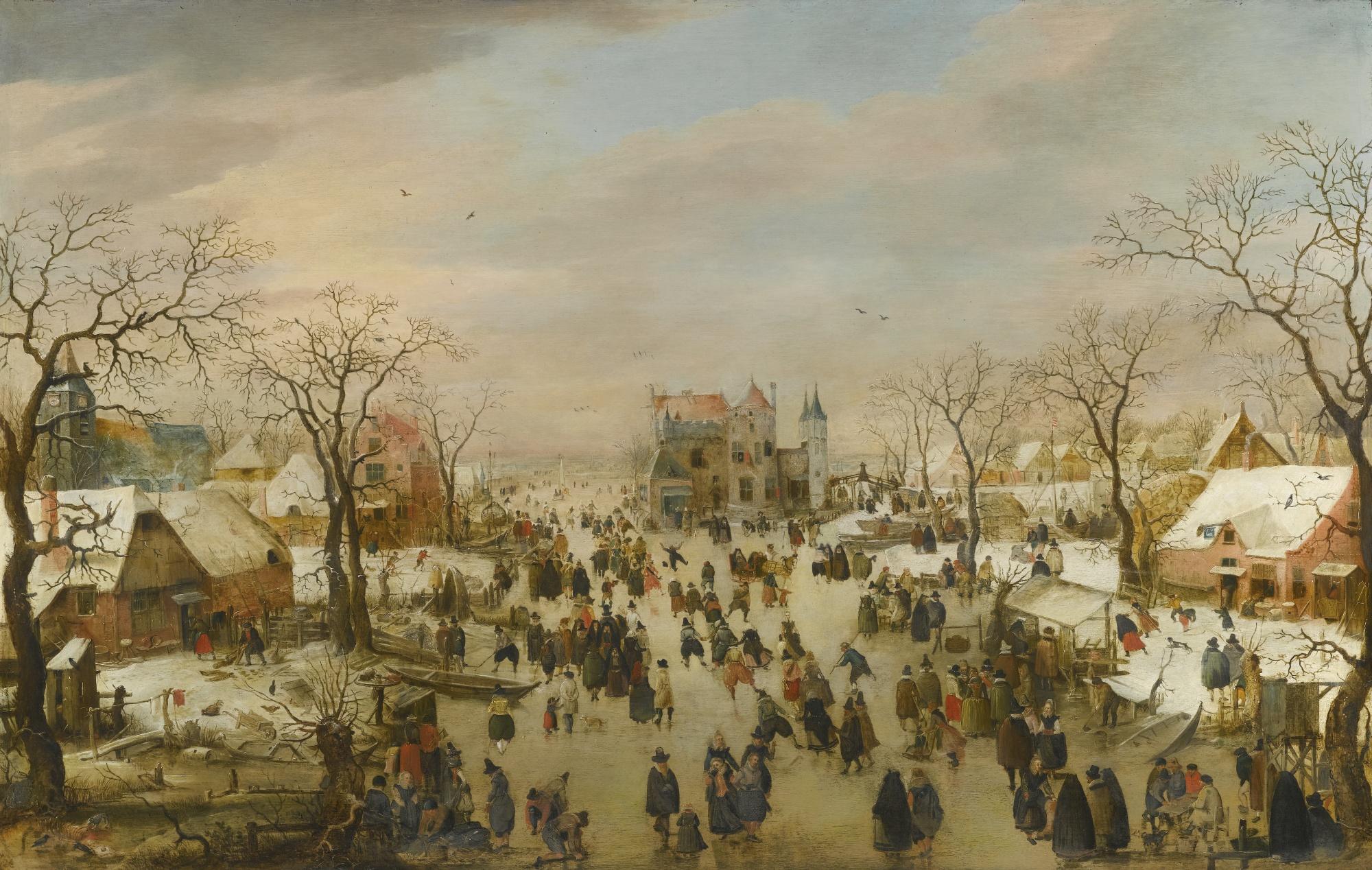 Hendrick Avercamp - A Panoramic Winter Landscape With A Multitude Of Figures On A Frozen River
